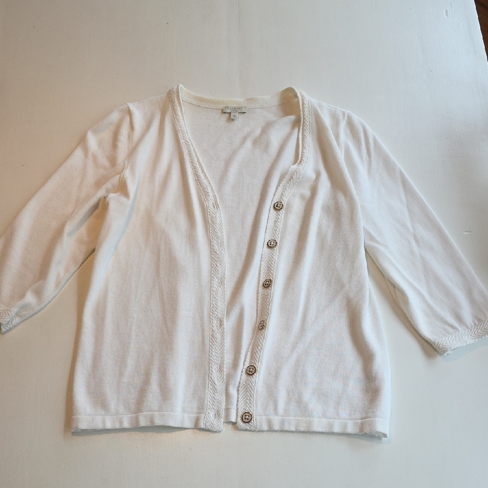 Talbots Three Quarter Sleeve White Cardigan With Cute Button Detail
